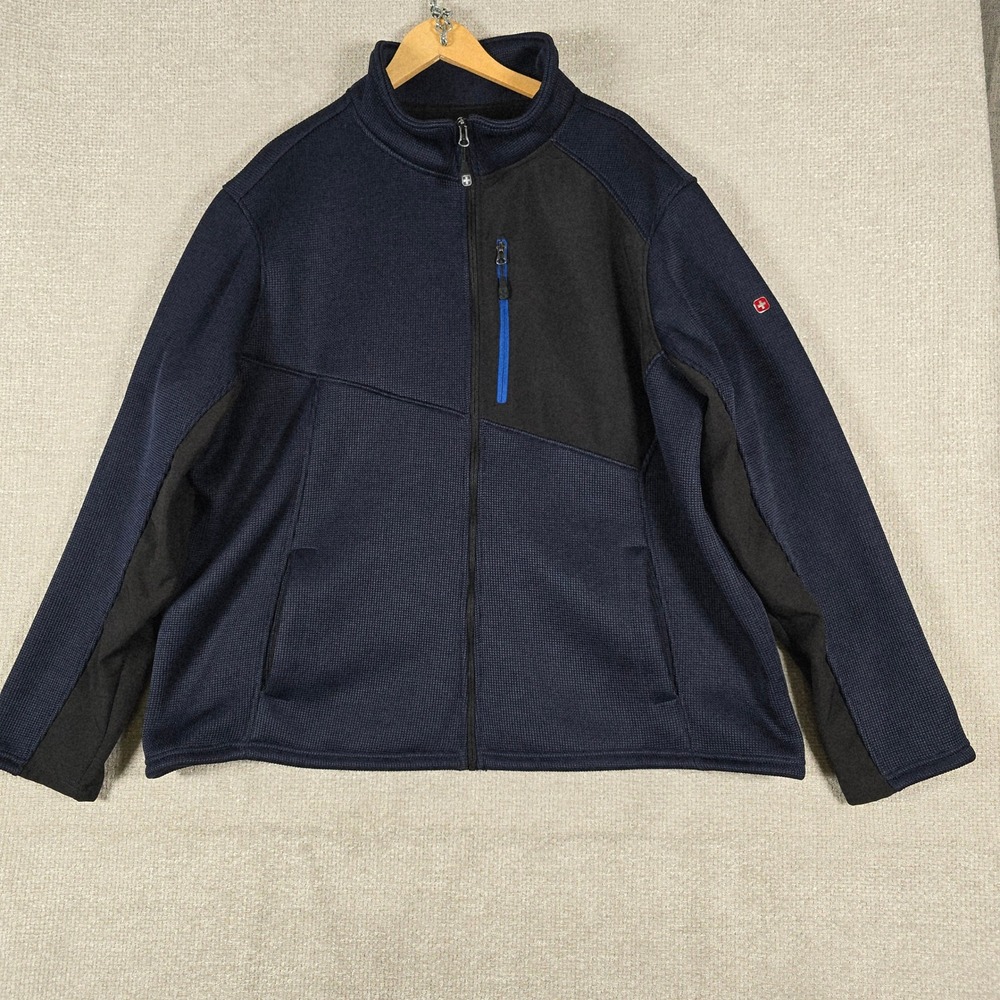 Swiss Tech Mens 3XL Full Zip Fleece Jacket Navy Blue Black Waffle Knit Mock Neck